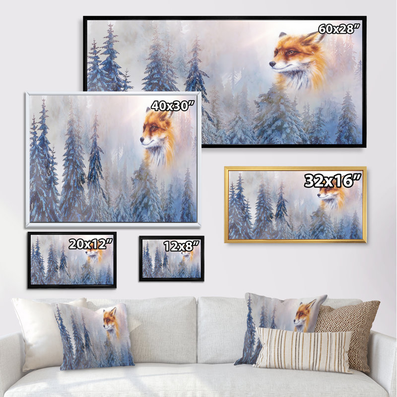 «Mountain Snowy Landscape Fox», impression sur toile, H 8 po x l 12 po x P 1 po, Cadre brun