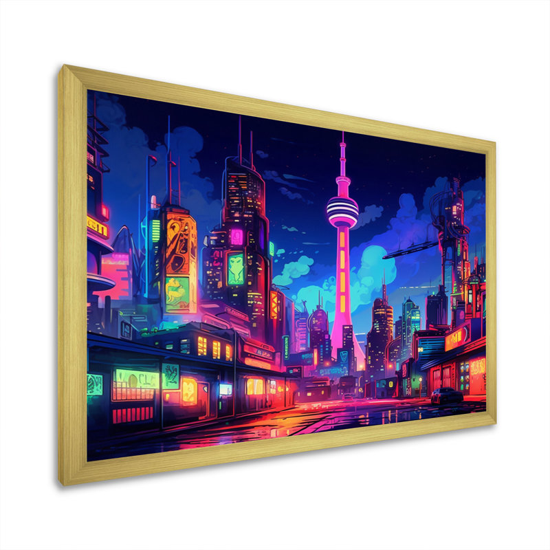 Berlin Neon Cityscape II - art mural de Berlin pour le salon, H 16 po x l 32 po x P 1 po, Encadrement doré
