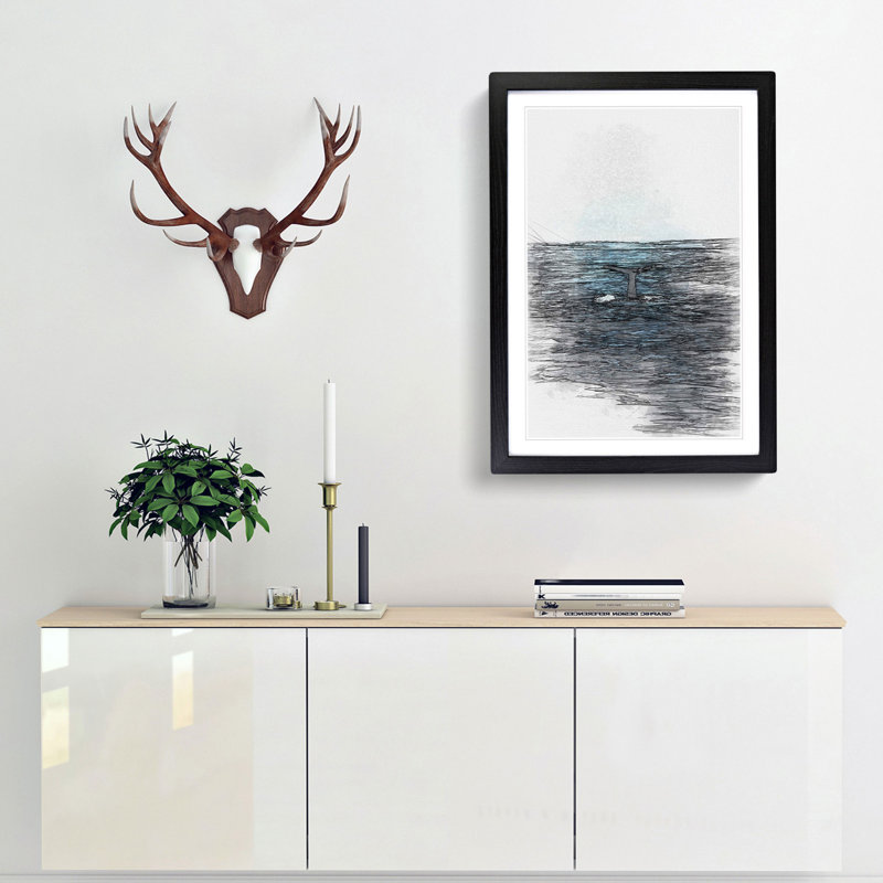 Blue Whale in Abstract - Picture Frame Drawing Print, 87cm H x 62cm W x 2cm D, Black Framed