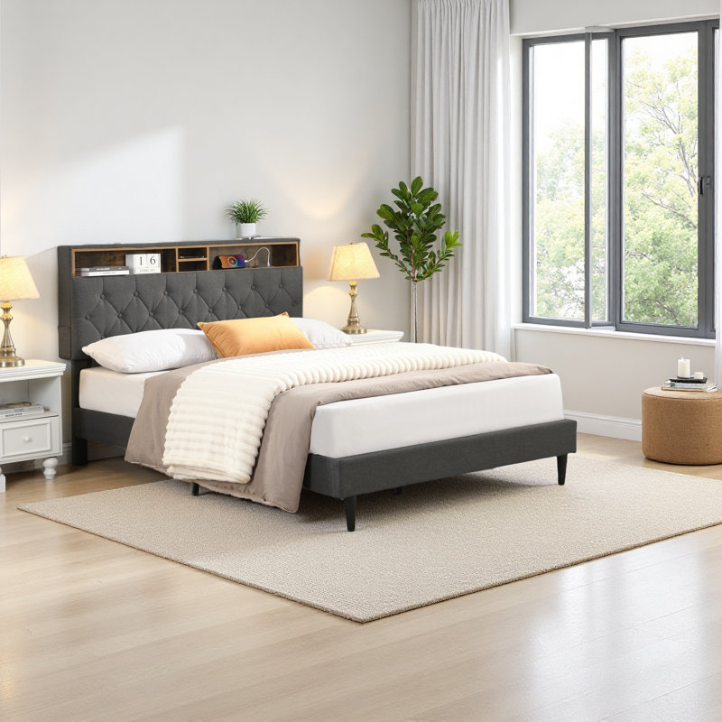 Structure de lit plateforme tapissier avec tête de lit moderne en tissu capitonné, ports USB, station de charge pratique, deux poches latérales, pas besoin de sommier