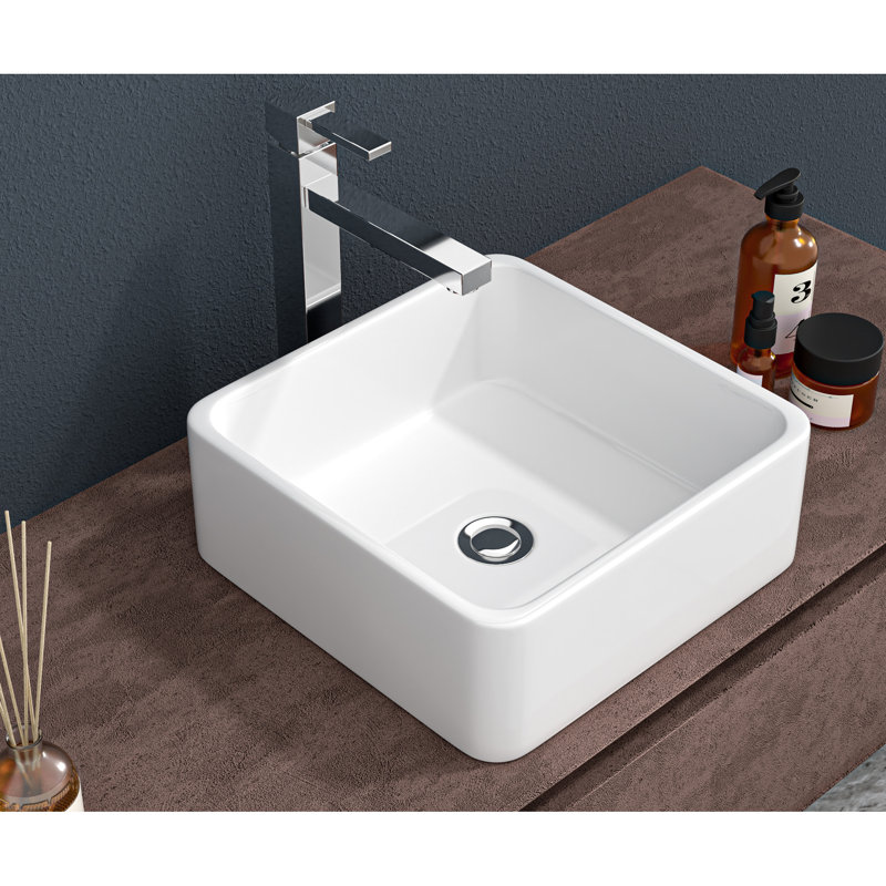 Square White Ceramic Vessel Sink For Bathroom - 15X15x5.5 Inch, Stain , Elegant Appearance, Indoor Outdoor Applicable 15X15 Inch Classic Contemporary Look, Low Water Absorption, Above Counter