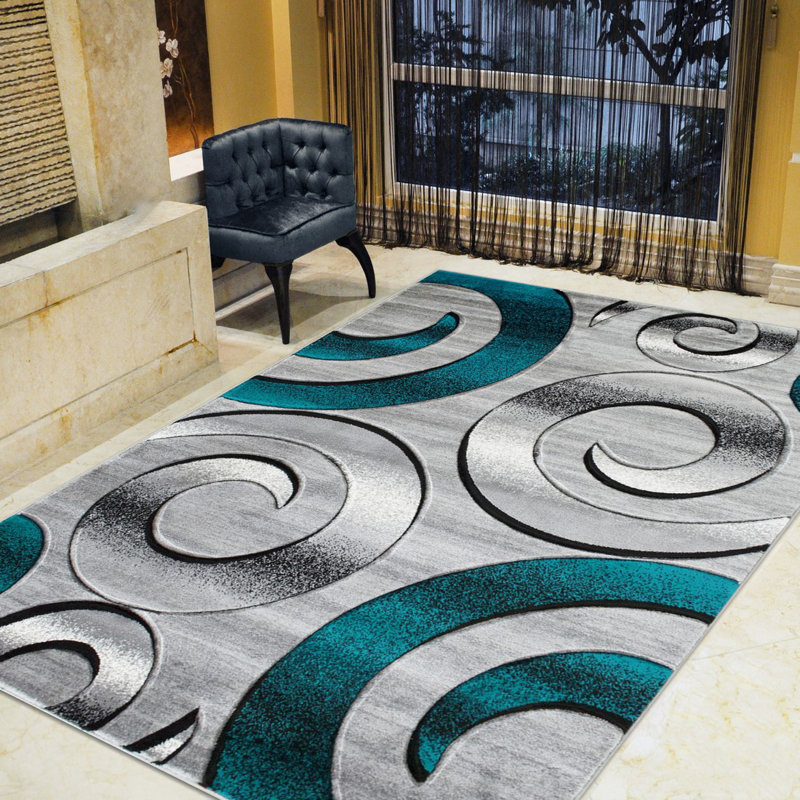 Tapis abstrait turquoise/gris zone Aftan, Rectangle 5 pi x 7 pi