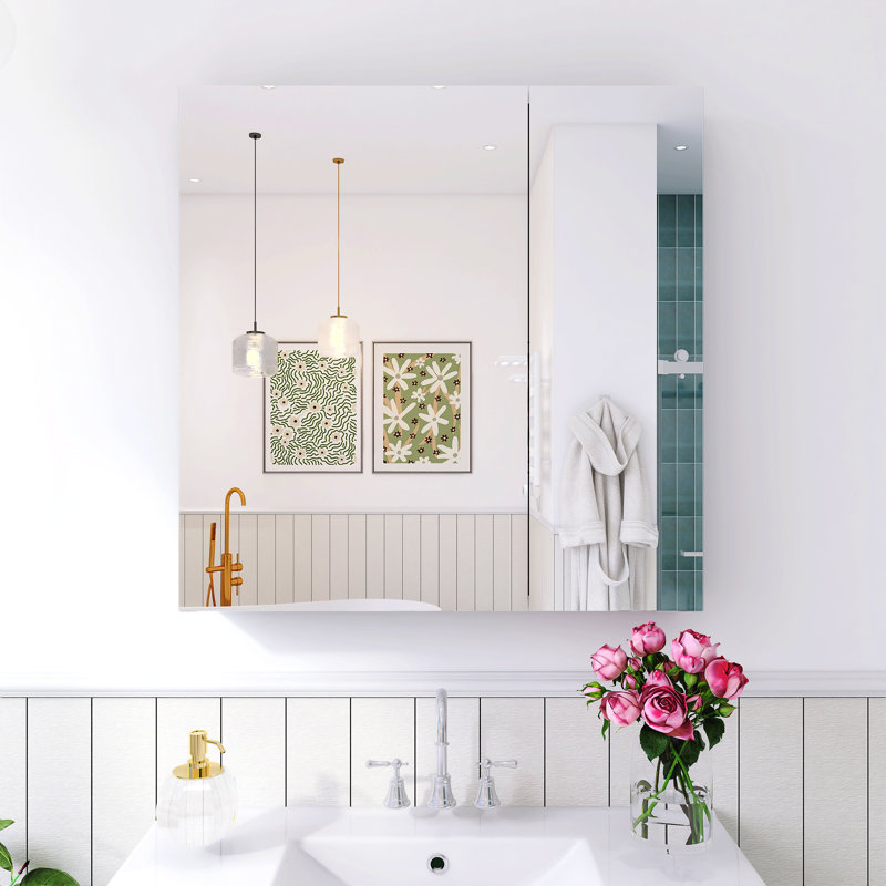 Recessed Or Wall Mount Frameless Medicine Cabinet Mirror With Adjustable Glass Shelves, 30"H x 30"W x 4.82"D