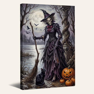 Toile gothique de sorcière squelette dans une robe mauve par Lake Halloween