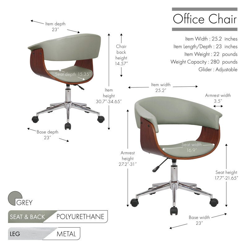 Grumium Faux Leather Mid-Century Office Chair, Grey