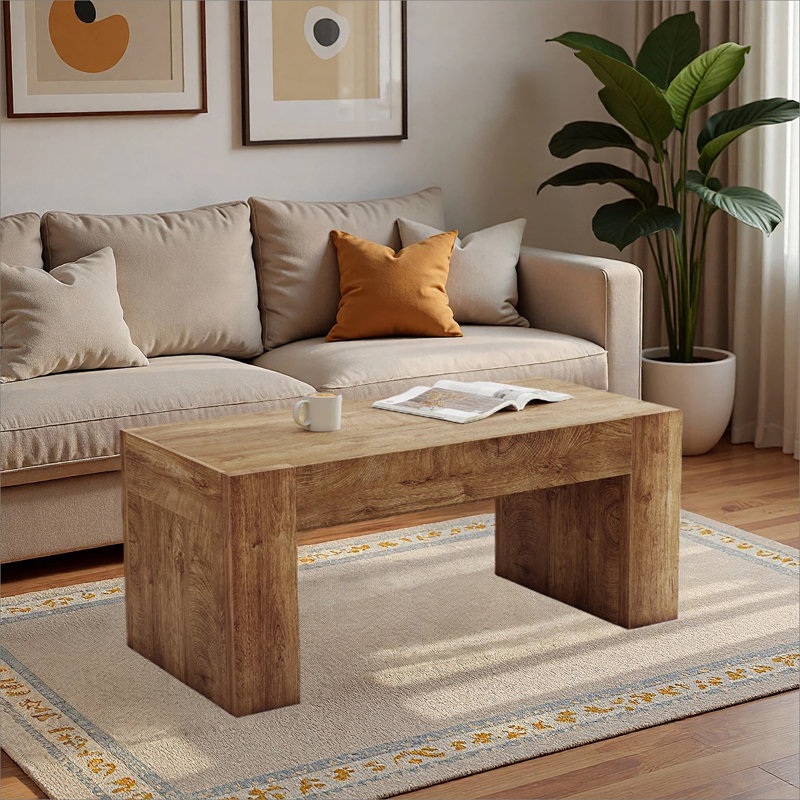 48" Farmhouse Coffee Table, Rectangle Wooden Center Table With Hidden Storage Drawer, Thick Coffee Tables For Living Room, Office, Apartment, Rest Area, Natural Wood Color