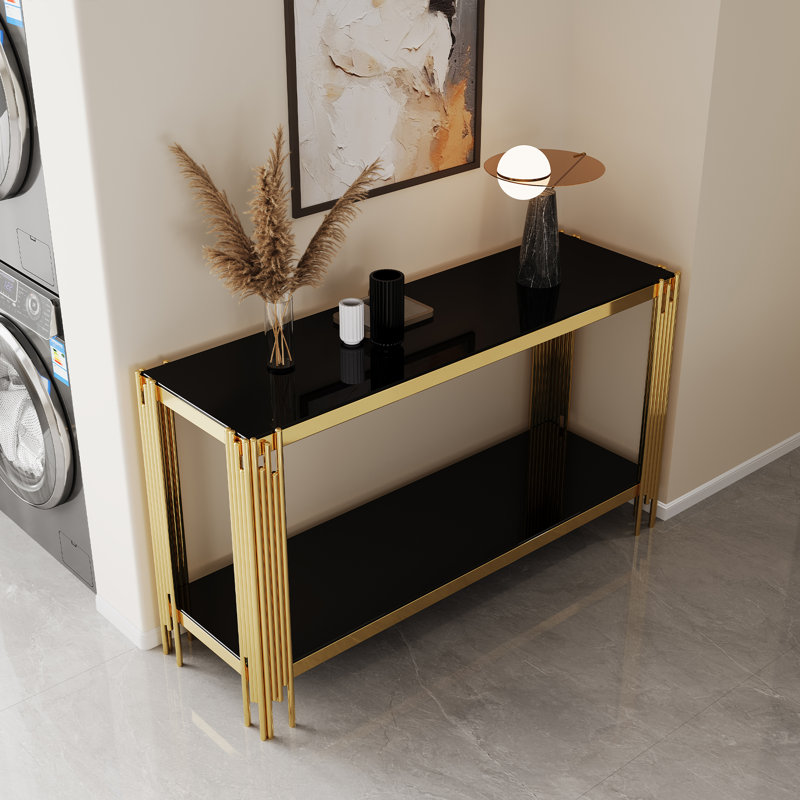 Console supérieure et inférieure en verre trempé à double couche et cadre en acier inoxydable à finition miroir, Noir, Doré