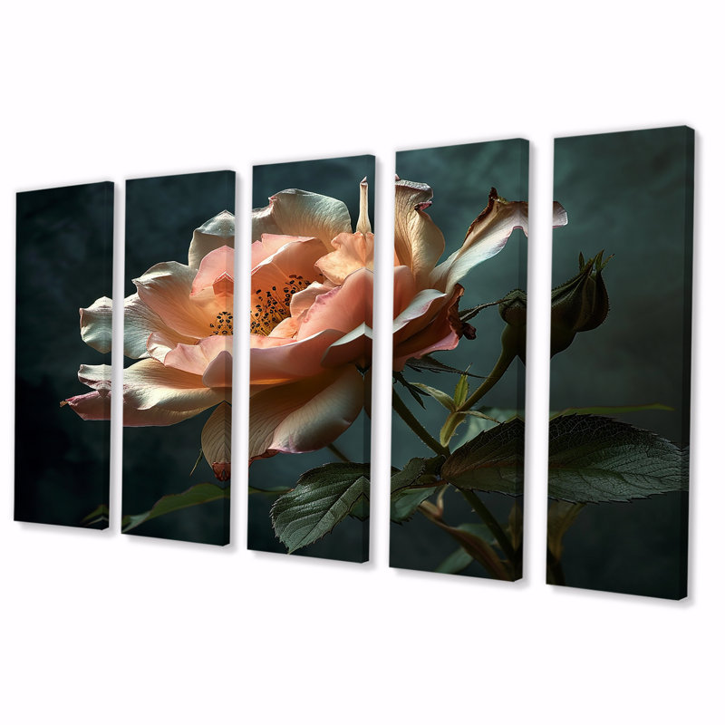 Rose rose en gros plan - art mural sur toile rose 5 pièces, H 32 po x l 80 po