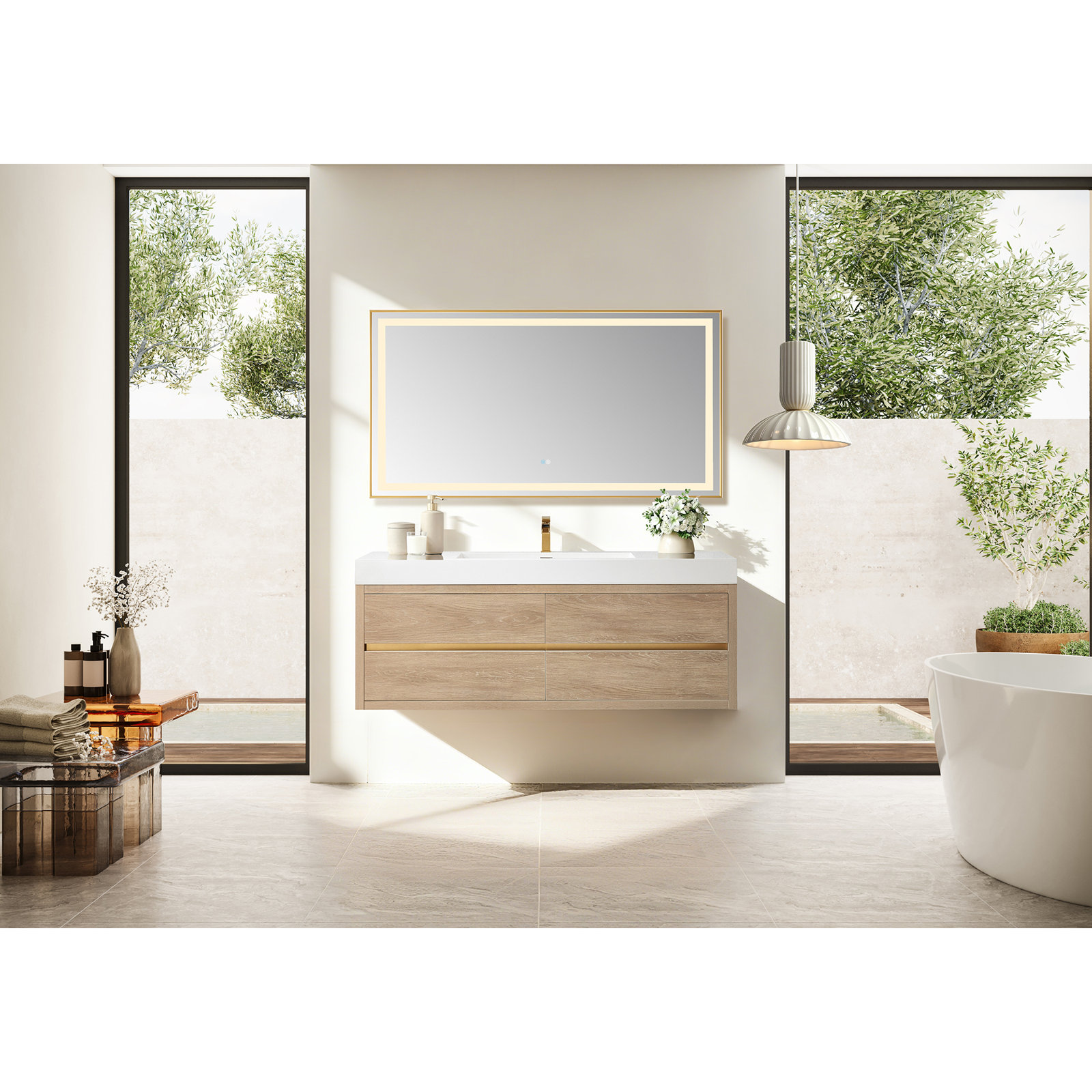 Vali 59.8'' Single Bathroom Vanity, North American Oak Finish, White