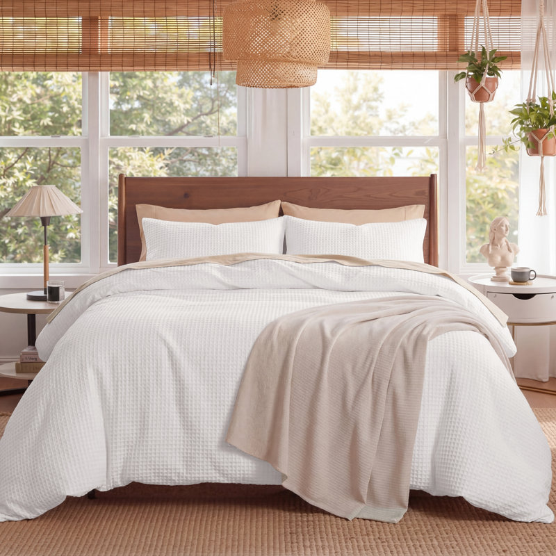 Ensemble de housse de couette à tissage gaufré 100% coton Essential Collection, Blanc brillant