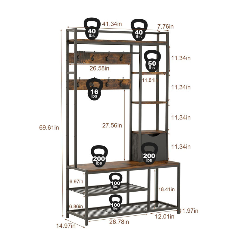 Hall Tree with Bench and Shoe Storage, Rustic Brown