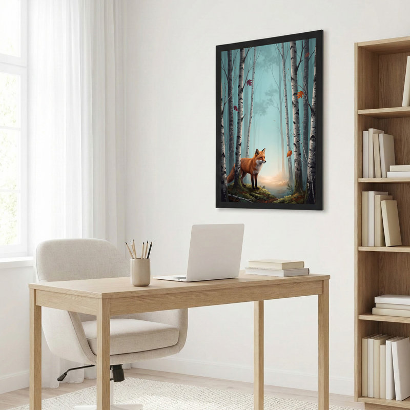 «Red Fox in Teal Misty Birch Trees with Orange Leaves», art mural sur toile, 24"H x 16"W