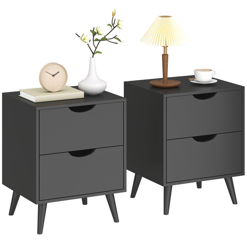 Table de chevet avec 2 tiroirs et pieds en bois, Noir