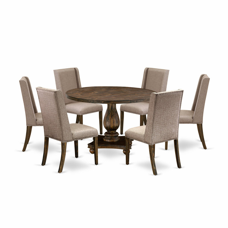 7 Piece Dining Table Set Contains a Dining Table and 6 Dark Khaki Linen Fabric Dining Room Chairs with High Back - Distressed Jacobean Finish