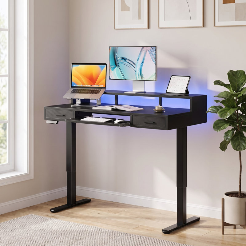 Electric Standing Desk With 24.4" Large Keyboard Tray & 2 Drawers, Adjustable Sit Stand Desk With 4 Height Presets, C-Clamp Mount Compatible Computer Desk For Office