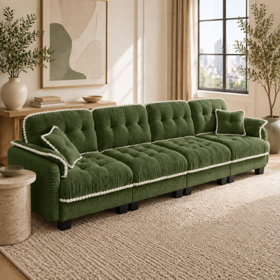 Casselman 4-Seater Chenille Sofa with Quilted Tufting, Pom-Pom Trim and 4 Support Pillows