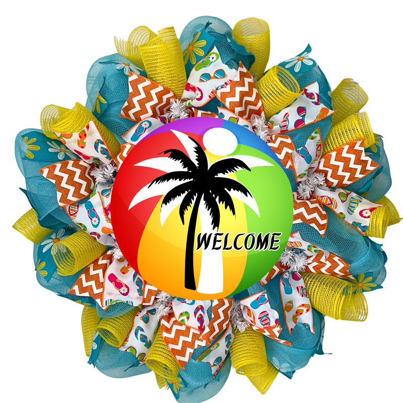 Palm Tree Welcome Summer Wreath with Beach Ball Handmade