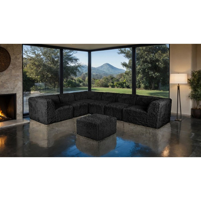 Grand canapé modulaire en L avec repose-pieds Collis, Similifourrure noire