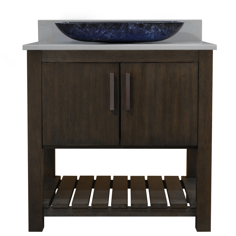 Meuble-lavabo de 30 po avec comptoir et lavabo en quartz gris orage, quincaillerie et miroir en bronze huilé, Gris tempête