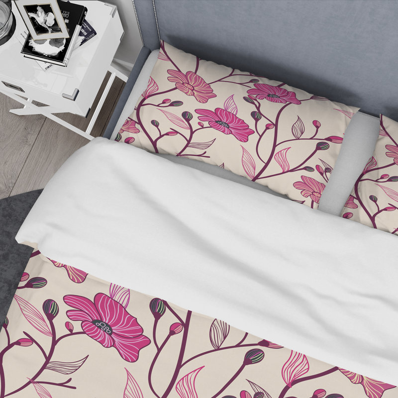 Fleurs roses et feuille - Ensemble de housse de couette floral - Polyester en microfibre