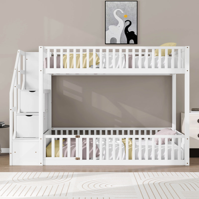 Twin Over Twin Bunk Bed With Door Fence And Storage Staircase, Wood Floor Bunk Bed Frame With Safety Guardrails, White