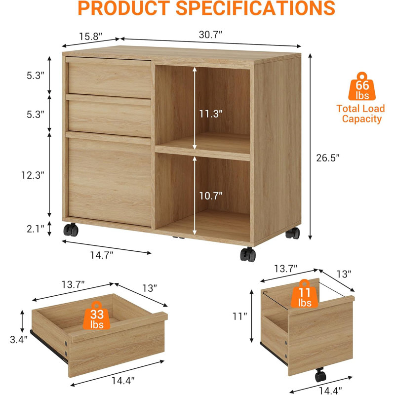 Classeur à 3 tiroirs avec tablettes de rangement ouvertes, classeur latéral à roulettes pour dossiers de format lettre / A4, support d'imprimante mobile avec roulettes, armoire de rangement en bois pour le bureau personnel