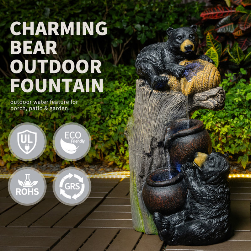 Bear Outdoor Water Fountain With LED Lights Cascading Fountains Outdoor For Patio Yard Balcony 23.62'' Garden Fountains Outdoor And Outdoor Water Fountain Decor