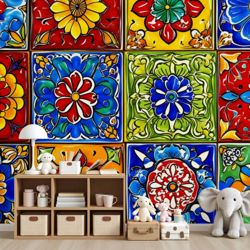 Papier peint auto-adhésif à carreaux de céramique talavera mexicain Ornement folklorique italien H 69 po x l 96 po Papier mural amovible en PVC auto-adhésif pour chambre à coucher, bureau à domicile