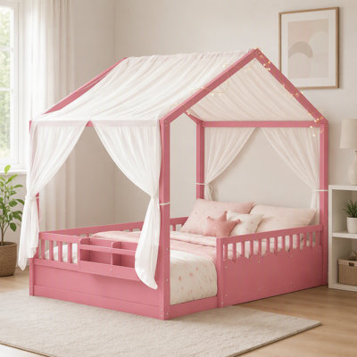 Lit double Montessori pour enfants, structure de lit à baldaquin en bois avec barrières de sécurité et porte, guirlande lumineuse et bibliothèque intégrées, lit à profil bas, aucun sommier nécessaire