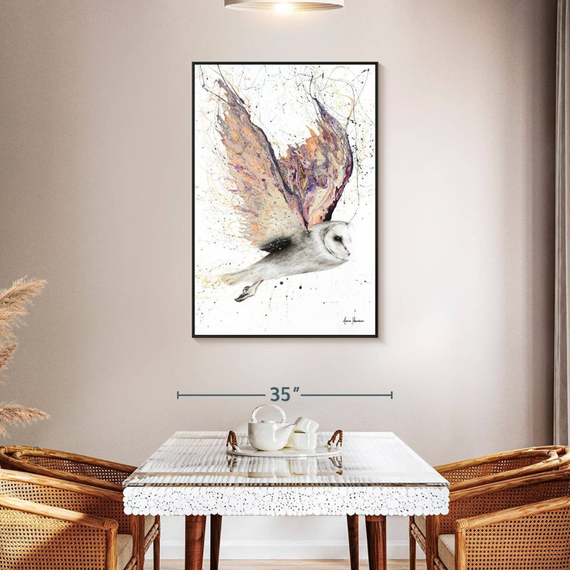Hibou à cœur, 31 po x 46 po, Cadre flottant noir