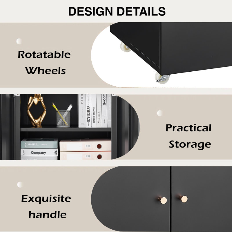 Armoire pour imprimante en acier à double porte avec roulettes verrouillables à 360 ° et tablettes réglables, organisateur de rangement moderne pour le bureau, la maison et le garage