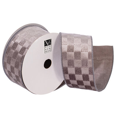Vickerman 2.5"x10yd Silver Velvet Checkered Satin Back Ribbon. Crafted from polyester, measuring 2.5 inches in width and 10 yards in length, it's perfect for a variety of festive projects.