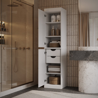 100% Solid Wood Bathroom Storage Cabinet, Raised Panel Doors, 2 Drawers, Adjustable Shelves, 16.5" Wide, 71.5" Tall