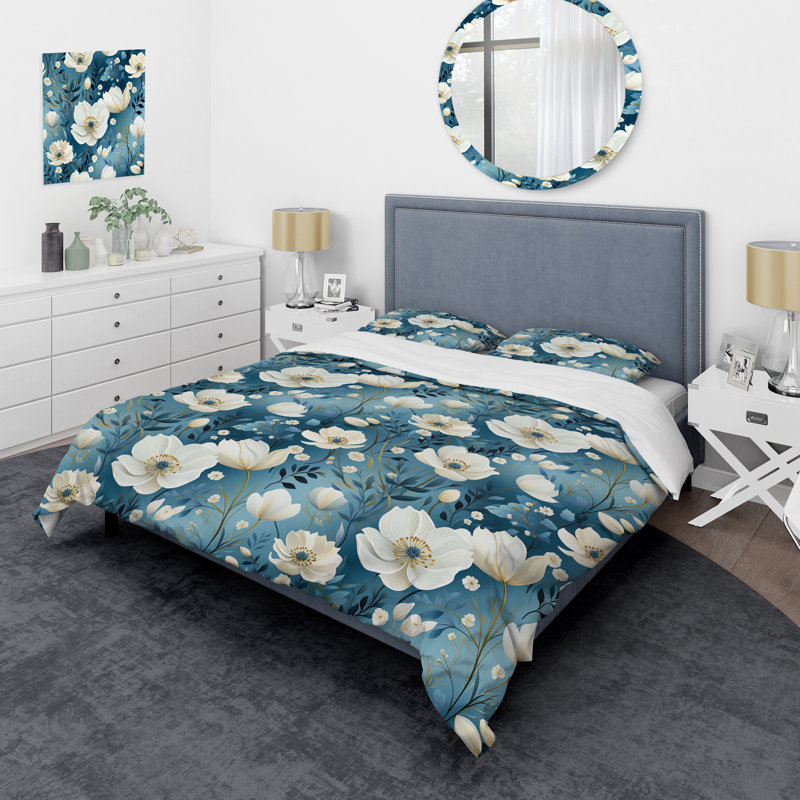 White And Blue Blossoms Meadow Serenity I - Ensemble de housse de couette à motif floral