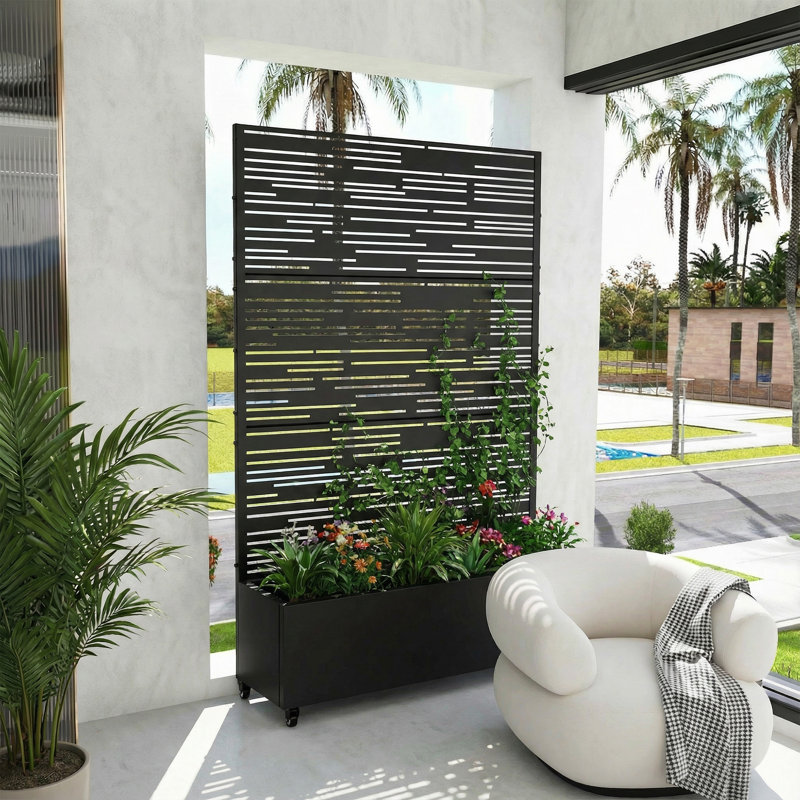 6 ft. H x 4 ft. W Metal Planter Box privacy screen Garden Bed with Trellis and Wheels - Black