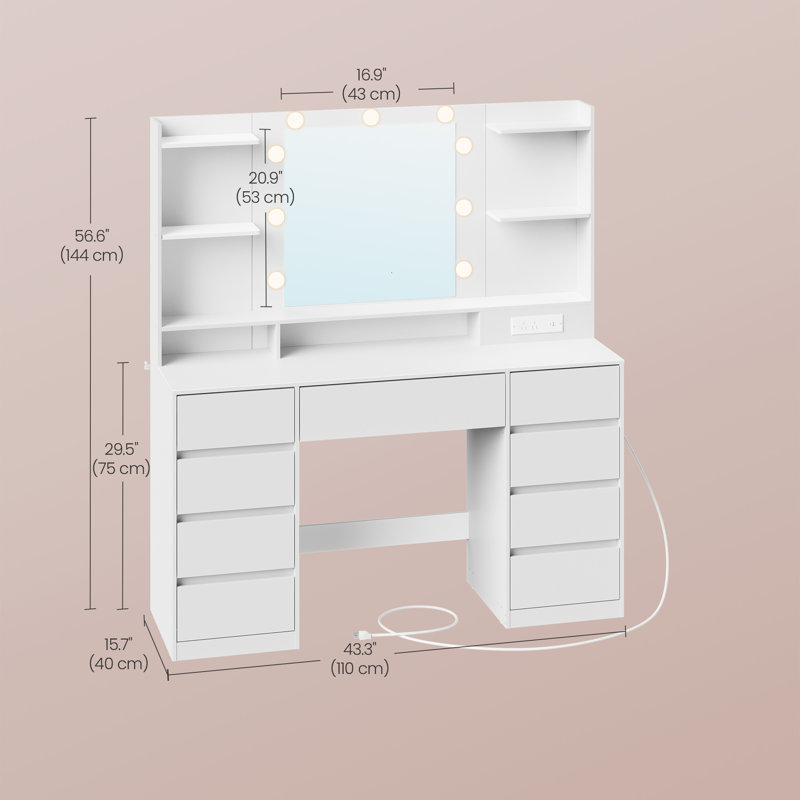 Makeup Table With Charging Station, Vanity Desk With Lighted Mirror And 9 Drawers, Tool-Free Rail Assembly