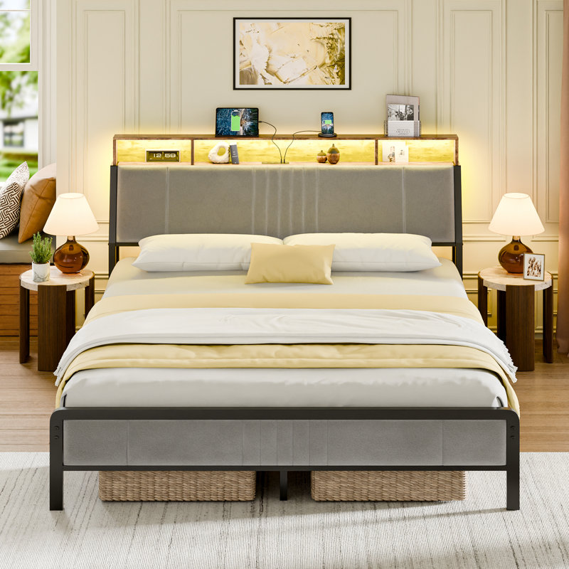 Upholstered Bed Frame with  Storage Space, Modern Queen Platform Bed with Charging Station & LED Light, No Spring Box Needed