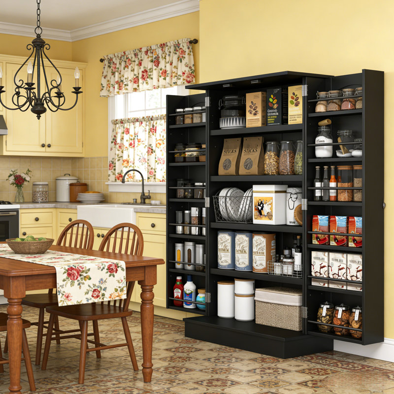 Garde-manger moderne avec tablettes à 5 niveaux, 12 tablettes latérales, tablettes réglables et portes magnétiques pour le garage