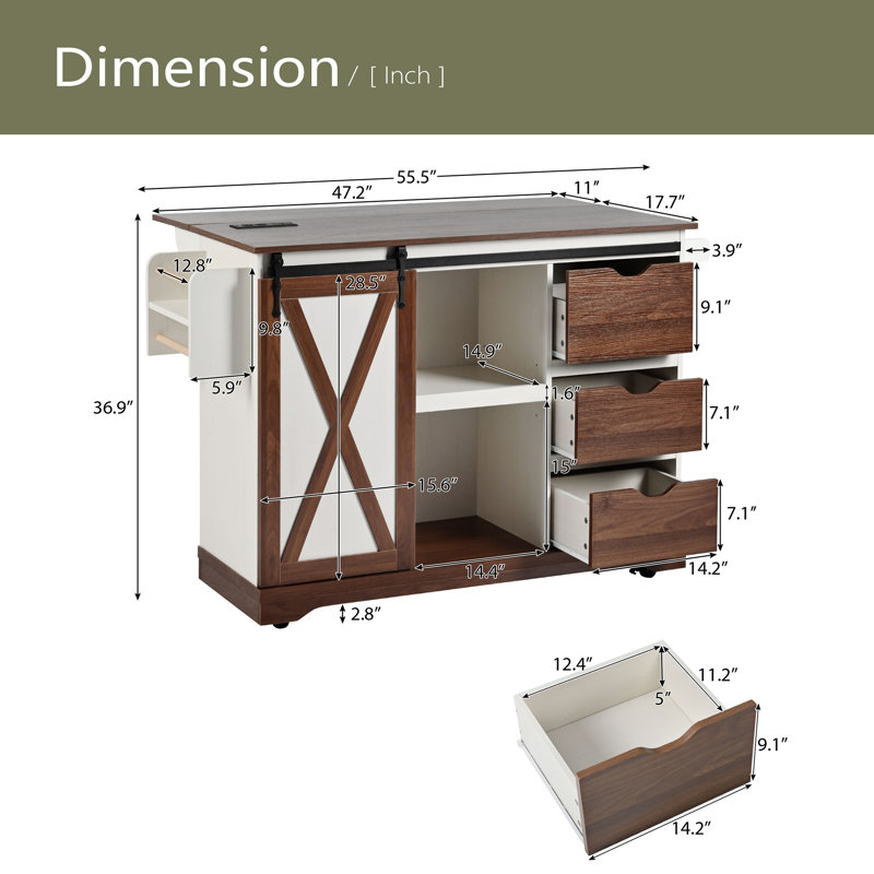 55.5 " W Kitchen Island, White
