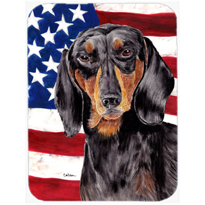 Trinx Patriotic USA American Flag with Dachshund Glass Cutting Board