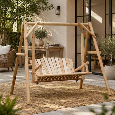 2-Seat Wooden Swing Bench with Ergonomic Design, 'A' Frame Construction, Stable and Non-Slip, Solid Wood Frame for Garden