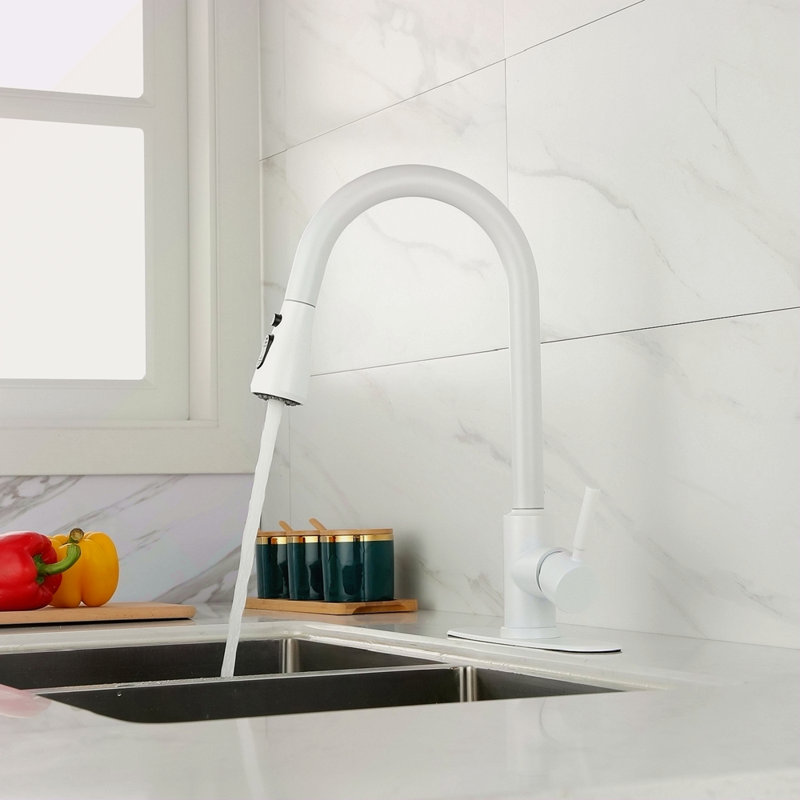 Robinet de cuisine avec douchette extractible, Blanc