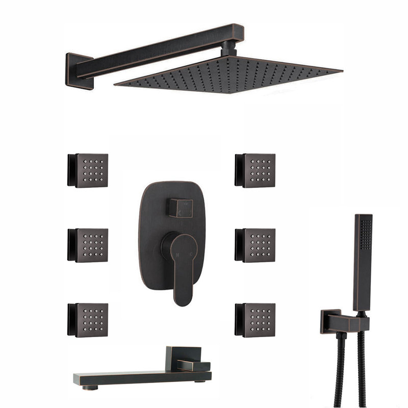 Juno 12" Ceiling Wall Mount Black Solid Brass Rainfall Shower System With 6 PCS Body Jets Mixer Spout Tub Set