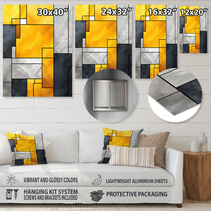Jaune et gris fusion géométrique 5 - art mural géométrique en métal, H 32 po x l 24 po x P 1 po
