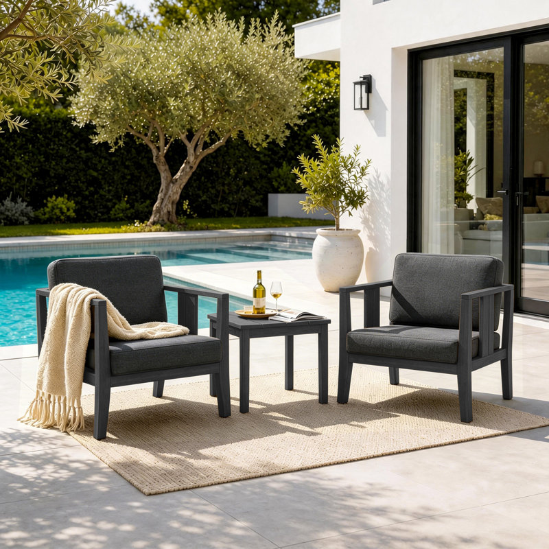 Ensemble de patio d'extérieur pour deux personnes en teck Junco avec coussins et table d'appoint, Gris foncé, Noir