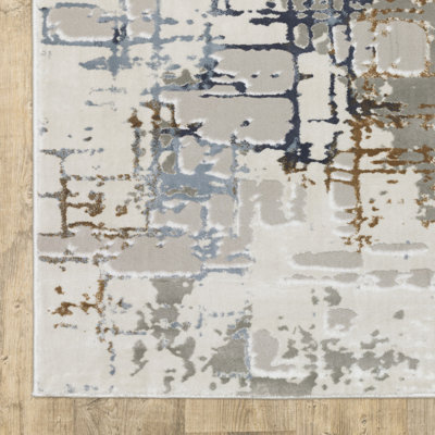 Tapis 3 pi x 5 pi gris, bleu, brun, ivoire et bleu foncé résistant aux taches