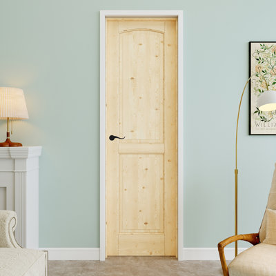 24" x 80" 2-Panel Pine Wood Interior Prehung Door with Curve Lever and Black Hinges, Natural Pine Wood, Paintable & Waterproof, Suit for Laundry, Closet Doors, Room Doors, Right Hand