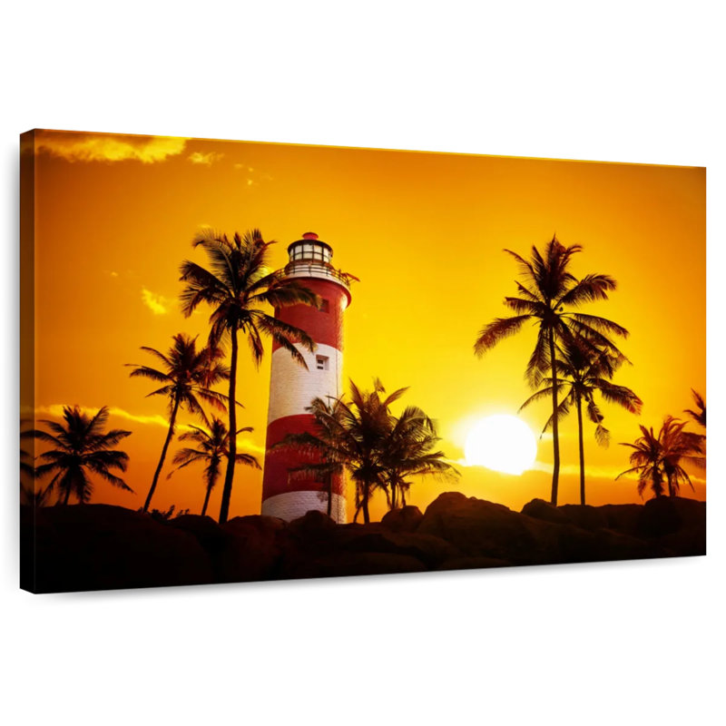 Coucher de soleil sur le phare d'Aletra Kovalam, H 24 po x l 36 po
