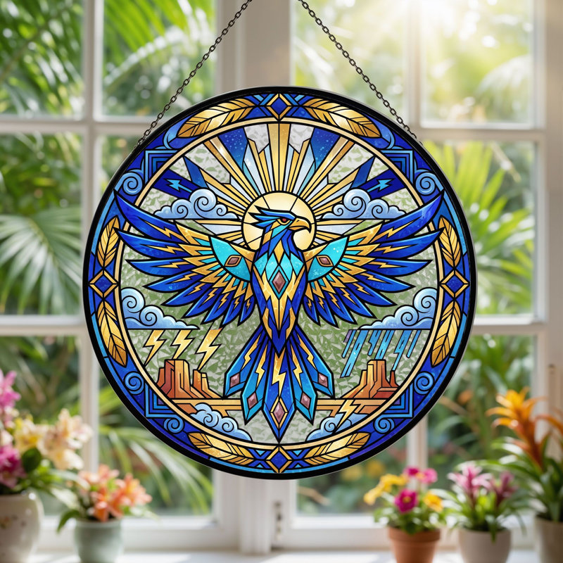 Thunderbird Sun Stained Glass Window Panel，12"H, 12"H