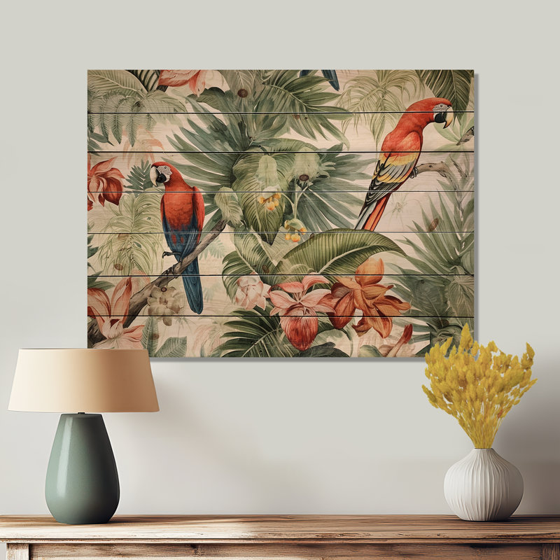 Perroquet au paradis I - Décoration murale animaux sur bois de pin naturel, H 34 po x l 44 po